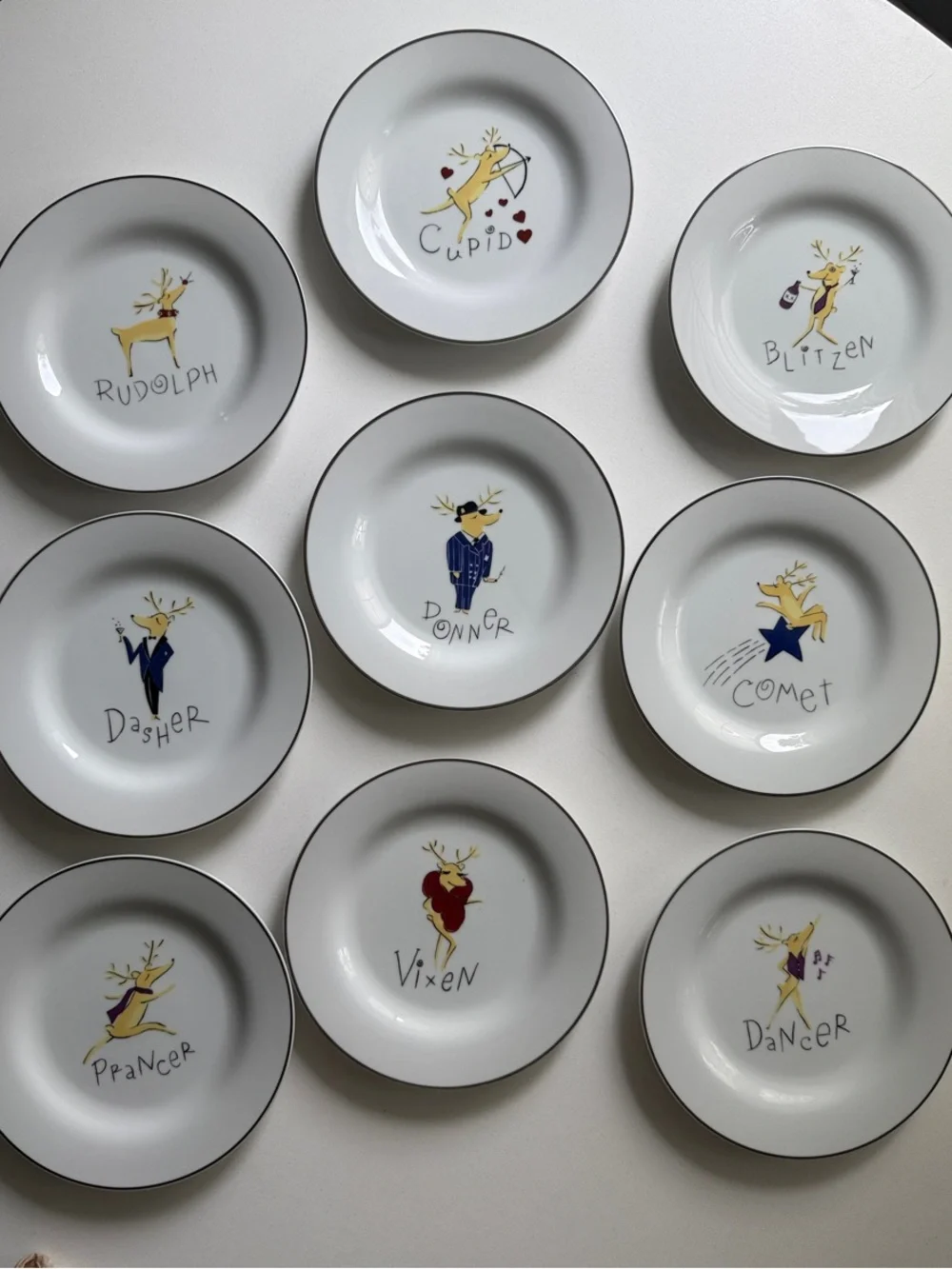 Rare Retired Complete Set Nine (9) Santa's Reindeer Dessert Plates Pottery Barn